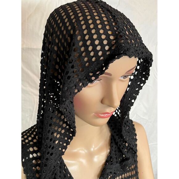 SJS Women's Plus Size Sleeveless Hooded Mesh Long Cardigan Black 1X - Picture 2 of 6